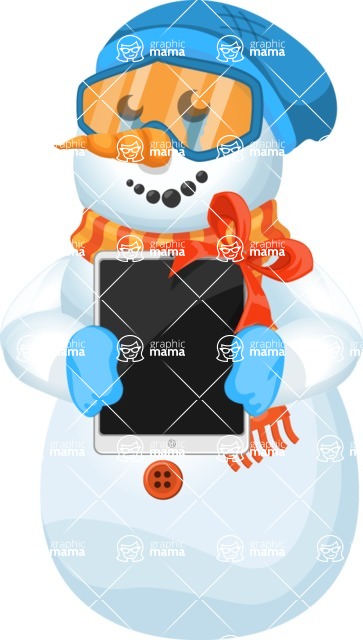 Snowman Cartoon Vector Character - Snowman with a Gift Tablet